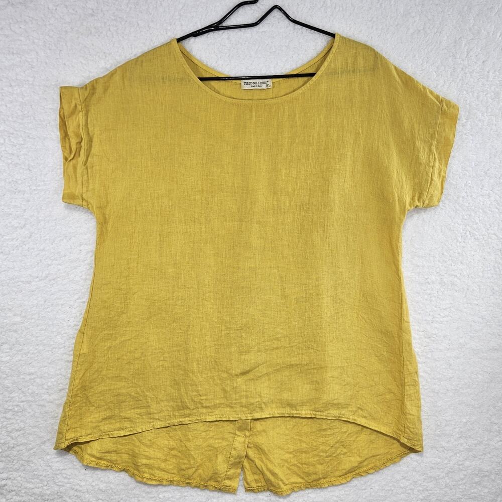 Terzo Millennio Made In Italy 100% Linen Yellow High-Low Pullover Top Womens Sm